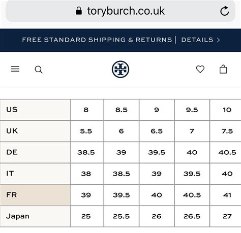 tory burch sandals size chart.